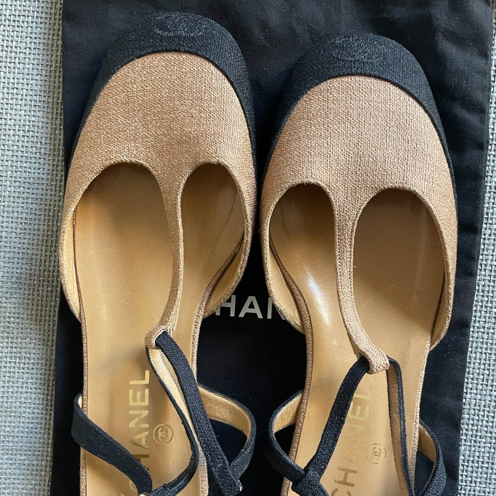 NEW CHANEL Linen Canvas Slingback Mary Jane T-trap Flat Sandals Size 38.5